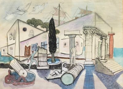 a painting on the wall of a house with a lot of furniture