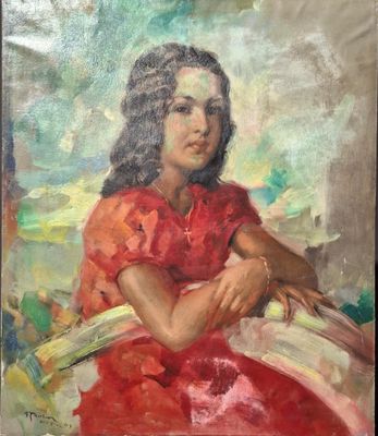 André TAHON (1907-1985) Portrait de jeune fille à la robe ro…