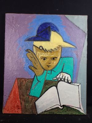 un tableau représentant un homme en train de lire un livre posé sur une table
