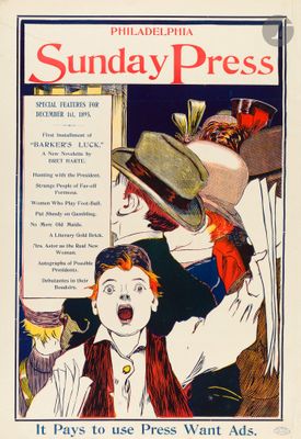 une publicité pour le Sunday Press mettant en scène une femme coiffée d'un chapeau et un homme coiffé d'un chapeau
