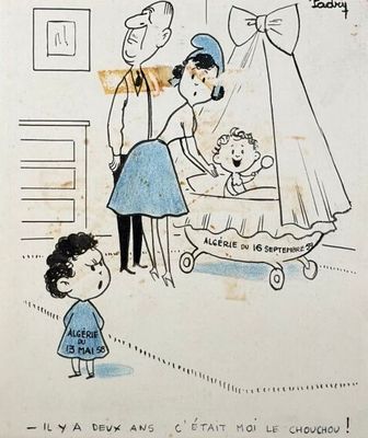 un dessin représentant un bébé dans un berceau, avec un homme et une femme