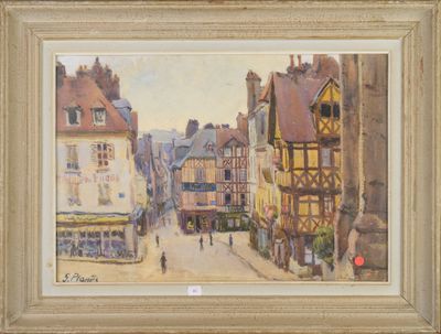 an image of a painting of a street scene with buildings and people