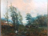 an oil painting of cows in a pasture with trees in the background