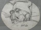 a drawing of a man and a woman sitting on a horse
