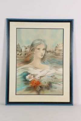 tableau représentant une femme en robe blanche tenant un bouquet de fleurs