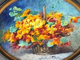 painting of a basket of flowers on a table with a blue background