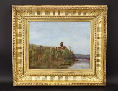 une peinture à l'huile représentant une scène fluviale avec une église au loin