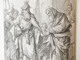 an old book with a drawing of a man handing something to a woman