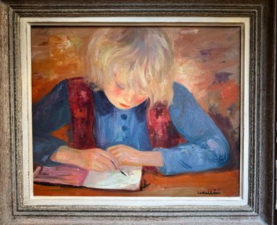 an oil painting of a young girl writing in a book