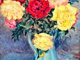 a painting of flowers in a blue vase on a table