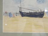 a painting of a boat on the beach by the water