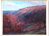 un tableau représentant un paysage de montagne avec des arbres au premier plan