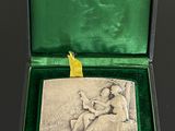 une photo représentant une petite plaque en argent dans un écrin vert