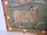 a picture of a painting of a cow in a field