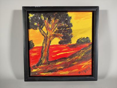 une peinture à l'huile représentant un arbre dans un champ, avec un ciel jaune