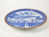 a blue and white plate with a picture on it