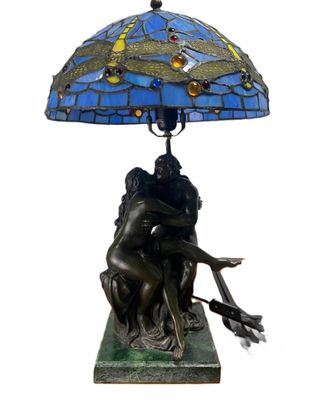 an image of a table lamp with a blue shade on it
