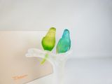 deux oiseaux perchés sur une branche devant un ordinateur portable
