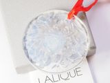 a clear glass ornament with a red ribbon on it