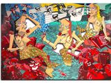 painting of a group of cartoon characters sitting on top of a table