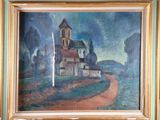 une photo d'un tableau représentant une église sur une colline