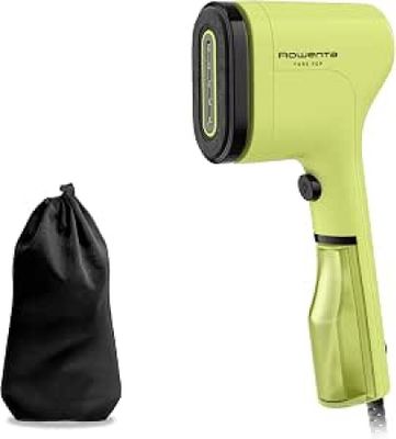 an image of a yellow hair dryer sitting next to a black bag