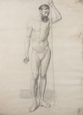 an old drawing of a man with a pole in his hand