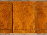 a close up of three pieces of leather on a wooden floor