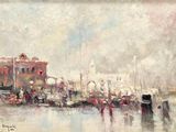 a painting of a harbor scene with boats and buildings
