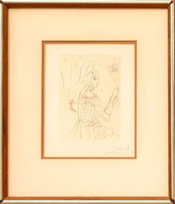 dessin représentant une femme coiffée d'un chapeau et tenant une canne, dans un cadre en bois