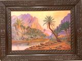 painting of a desert scene with palm trees and a mountain in the background