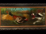 painting of two dogs chasing a pheasant in a field