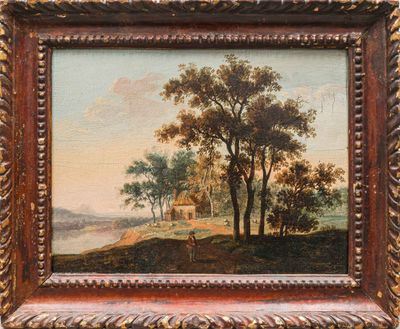 une peinture d'un paysage avec des arbres et une maison au loin