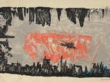 drawing of a black and orange drawing of a bird in a field