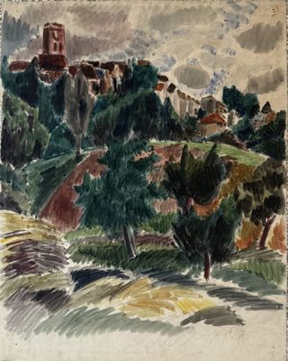 an image of a painting of a landscape with a church in the distance