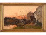 une image d'un tableau représentant un village au bord d'une rivière