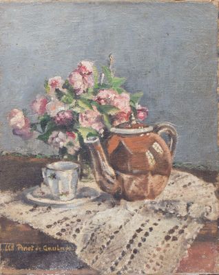 une peinture représentant une théière et une tasse posées sur une table