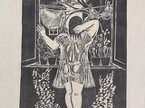 un dessin en noir et blanc représentant une femme debout devant une fenêtre