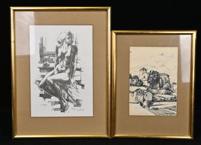 deux dessins encadrés représentant une femme assise sur un banc