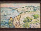 an image of a painting of a rocky coast with a boat in the water