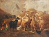 un tableau représentant un troupeau de moutons et de poulets dans une grange