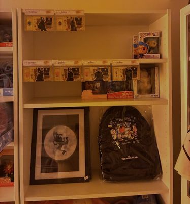 une étagère sur laquelle sont posées des photos et un sac