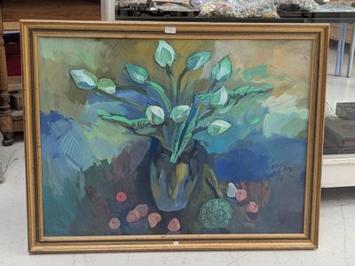une peinture de fleurs dans un vase sur une table