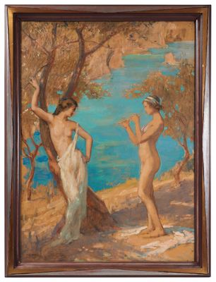 a painting of two women standing next to each other near a tree