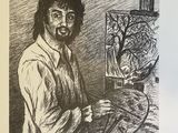 drawing of a man holding a brush and palette in front of a painting
