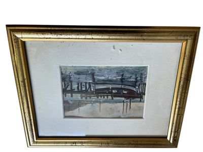 tableau représentant un banc dans un parc avec vue sur l'eau
