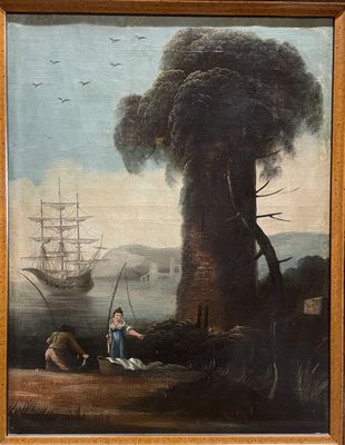 un vieux tableau représentant un homme en train de pêcher dans une rivière, avec un bateau en arrière-plan