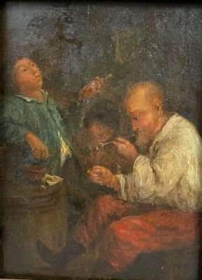 un vieux tableau représentant deux hommes assis sur un canapé en train de manger