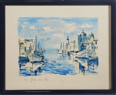 une peinture représentant une scène portuaire avec des bateaux dans l'eau