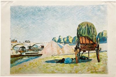 tableau représentant un chariot bâché posé sur une plage au bord d'un plan d'eau